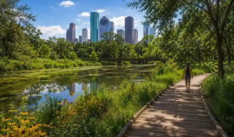 Nature trail near downtown Houston featuring wetlands, walking paths, lush greenery, and skyline views for outdoor exploration.